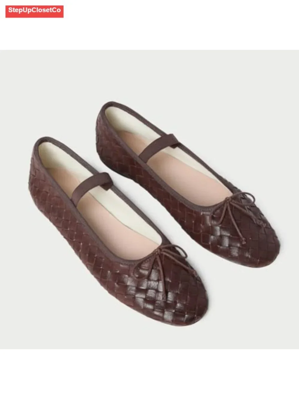 Womens Woven Ballet Flats with Bow Round Toe Slip On Mary Jane Elastic Strap
